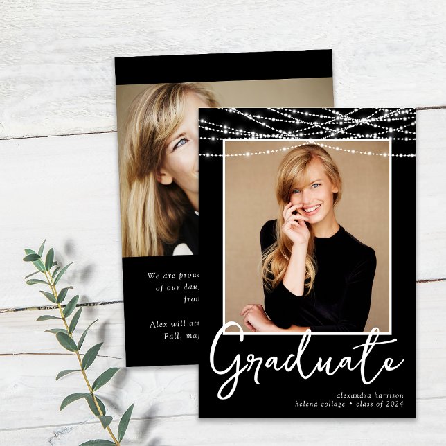 Modern Black String Lights Photo Graduation Announcement (Creator Uploaded)