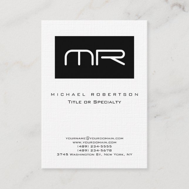 Modern Black Stripe Monogram Linen Business Card (Front)