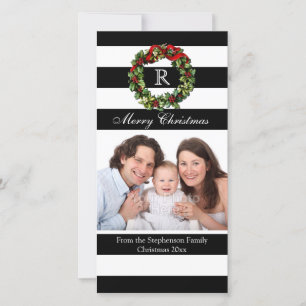 Modern Black Stripe Monogram Wreath Christmas Holiday Card