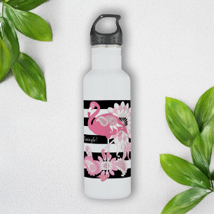 Modern Black Stripe Paisley Pink Flamingo 710 Ml Water Bottle