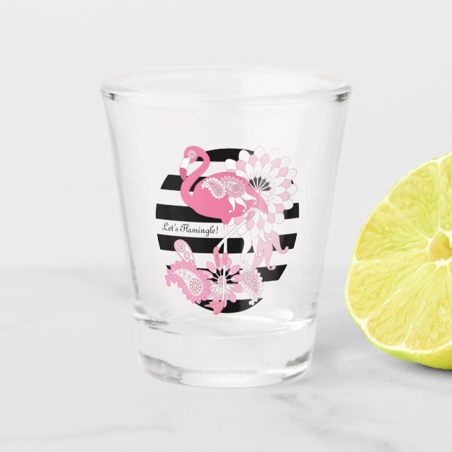 Modern Black Stripe Pink Flamingo Shot Glass (Front)