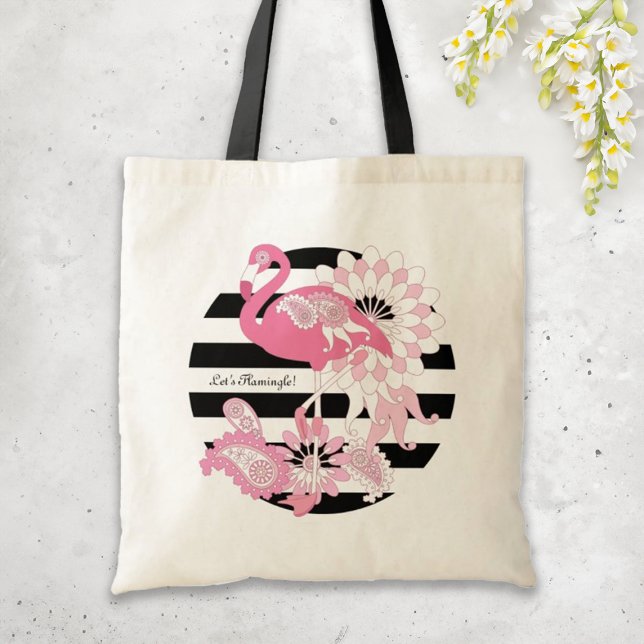 Modern Black Stripe Pink Flamingo Tote Bag (Creator Uploaded)