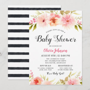 Modern Black Stripe Pink Floral Girl Shower Invitation