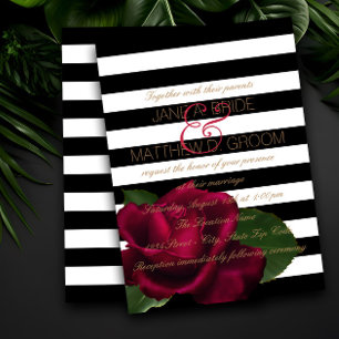 Modern Black Stripe Rose Red Black Wedding Invitation