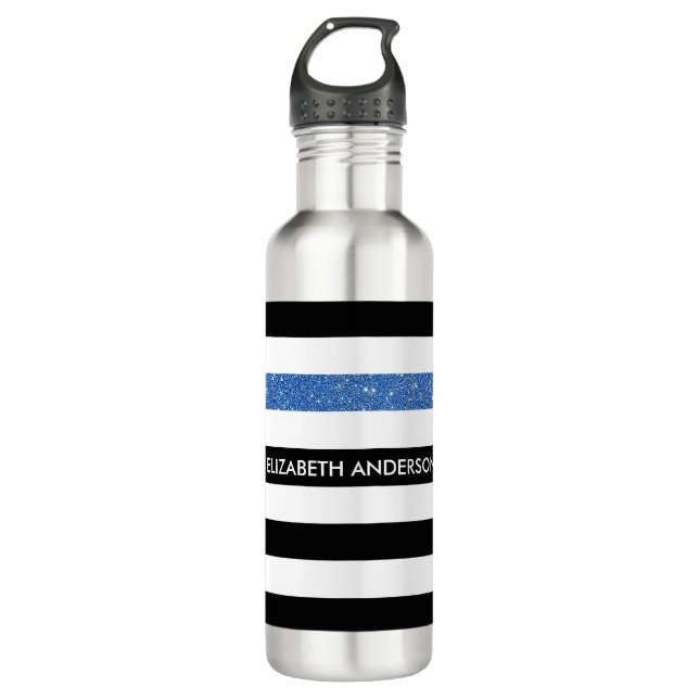 Modern Black Stripes FAUX Blue Glitz and Name 710 Ml Water Bottle (Front)
