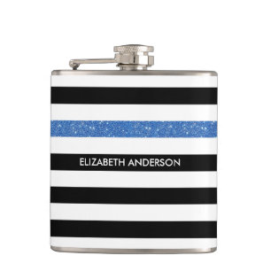 Modern Black Stripes FAUX Blue Glitz and Name Hip Flask
