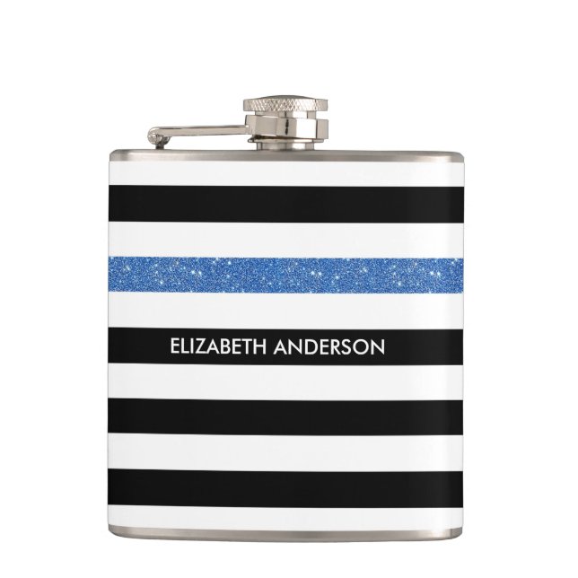 Modern Black Stripes FAUX Blue Glitz and Name Hip Flask (Front)