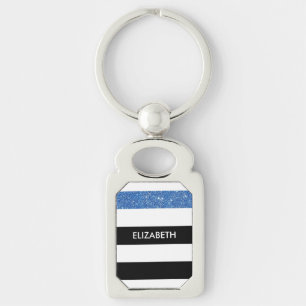 Modern Black Stripes FAUX Blue Glitz and Name Key Ring