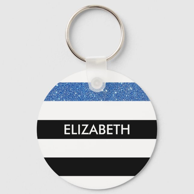 Modern Black Stripes FAUX Blue Glitz and Name Key Ring (Front)