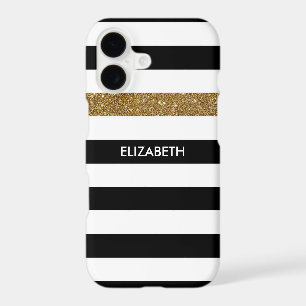 Modern Black Stripes FAUX Gold Glitz and Name