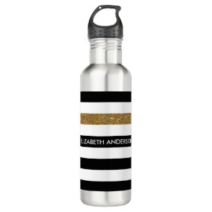 Modern Black Stripes FAUX Gold Glitz and Name 710 Ml Water Bottle