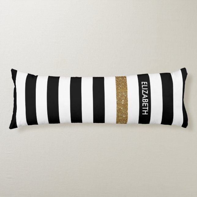 Modern Black Stripes FAUX Gold Glitz and Name Body Cushion (Front)