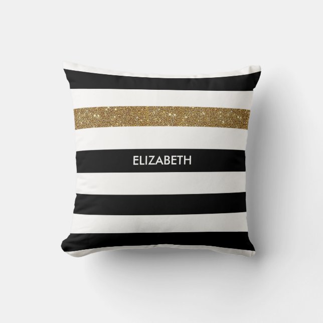 Modern Black Stripes FAUX Gold Glitz and Name Cushion (Front)