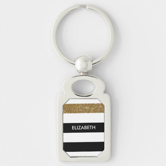 Modern Black Stripes FAUX Gold Glitz and Name Key Ring (Front)