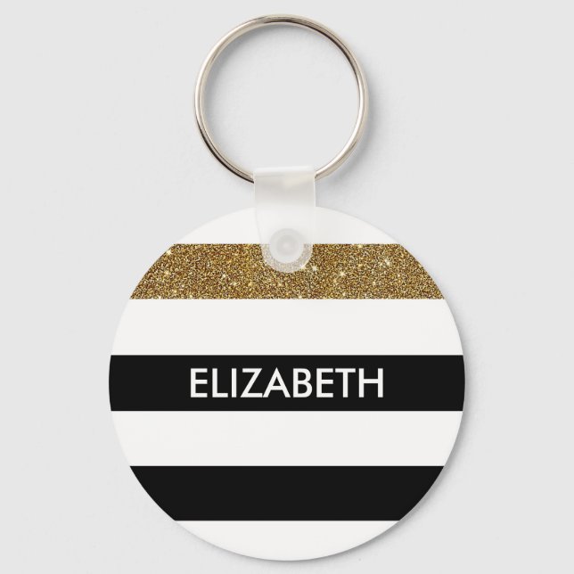 Modern Black Stripes FAUX Gold Glitz and Name Key Ring (Front)