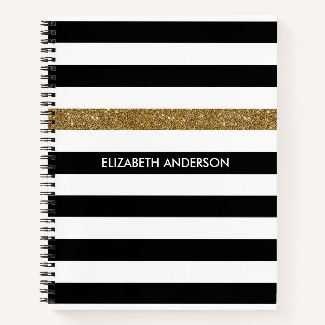 Modern Black Stripes FAUX Gold Glitz and Name Notebook (Front)