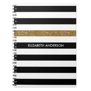 Modern Black Stripes FAUX Gold Glitz and Name Notebook