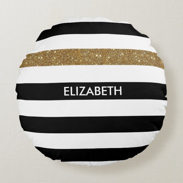 Modern Black Stripes FAUX Gold Glitz and Name Round Cushion (Front)