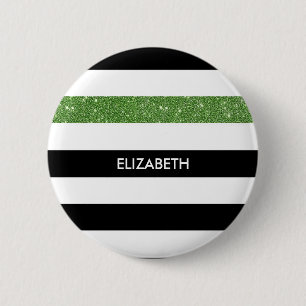 Modern Black Stripes FAUX Green Glitz and Name 6 Cm Round Badge