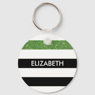 Modern Black Stripes FAUX Green Glitz and Name Key Ring