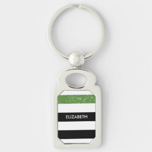 Modern Black Stripes FAUX Green Glitz and Name Key Ring