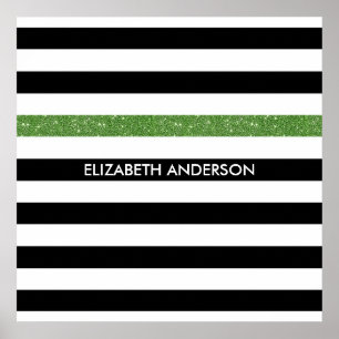 Modern Black Stripes FAUX Green Glitz and Name Poster