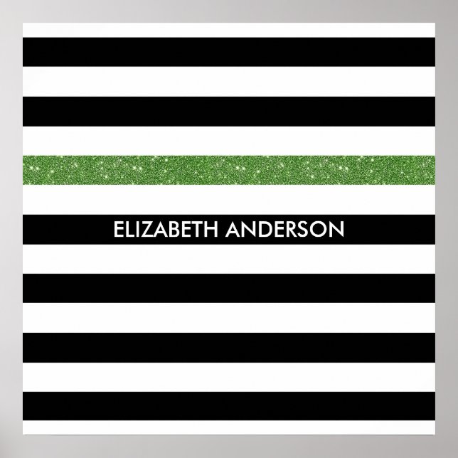 Modern Black Stripes FAUX Green Glitz and Name Poster (Front)