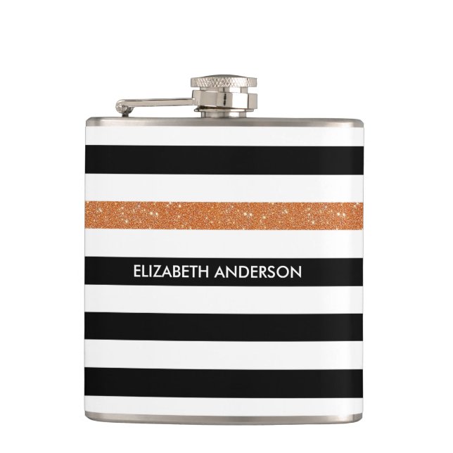 Modern Black Stripes FAUX Orange Glitz and Name Hip Flask (Front)