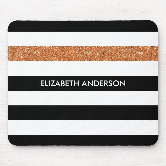 Modern Black Stripes FAUX Orange Glitz and Name Mouse Pad (Front)