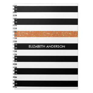 Modern Black Stripes FAUX Orange Glitz and Name Notebook