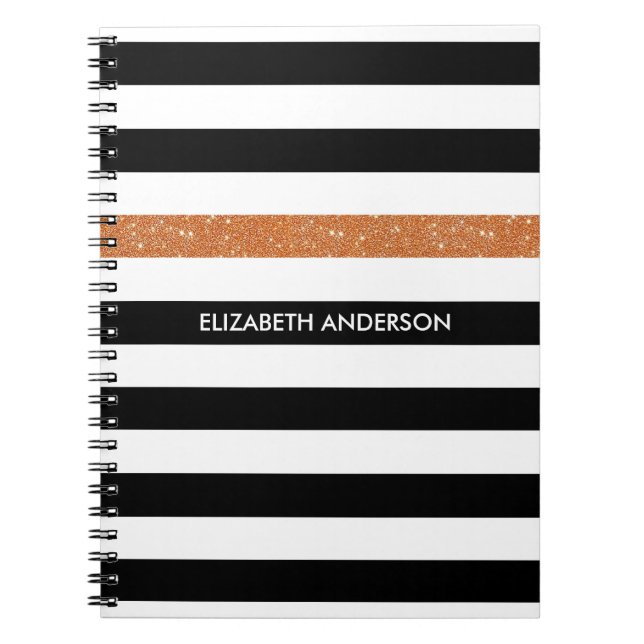 Modern Black Stripes FAUX Orange Glitz and Name Notebook (Front)