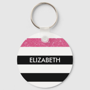 Modern Black Stripes FAUX Pink Glitz and Name Key Ring