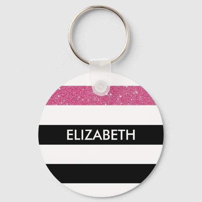 Modern Black Stripes FAUX Pink Glitz and Name Key Ring (Front)
