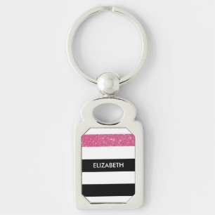 Modern Black Stripes FAUX Pink Glitz and Name Key Ring