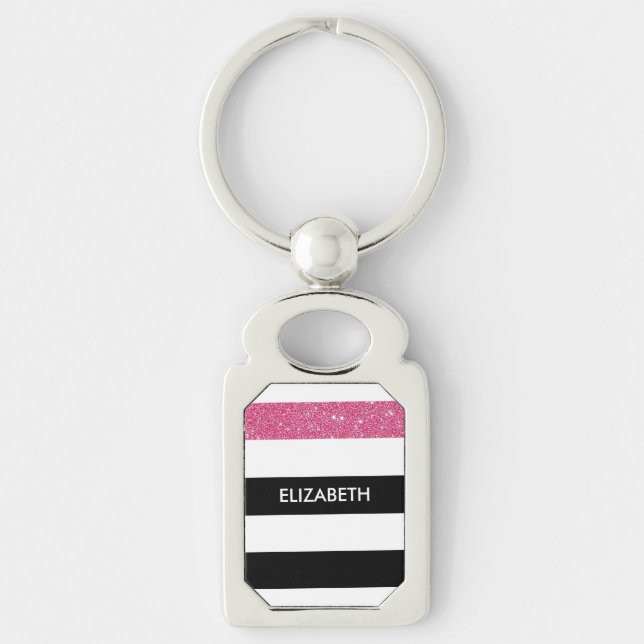 Modern Black Stripes FAUX Pink Glitz and Name Key Ring (Front)