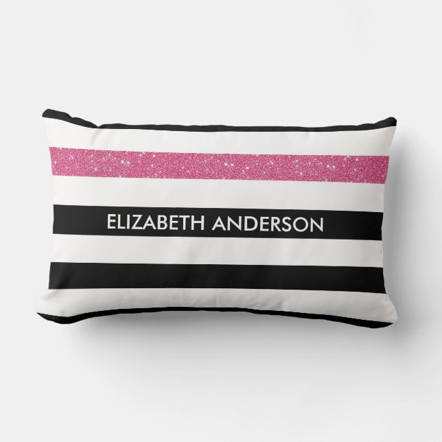 Modern Black Stripes FAUX Pink Glitz and Name Lumbar Cushion (Front)