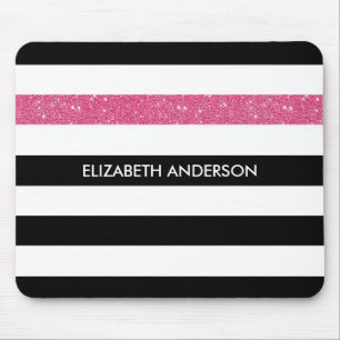Modern Black Stripes FAUX Pink Glitz and Name Mouse Pad