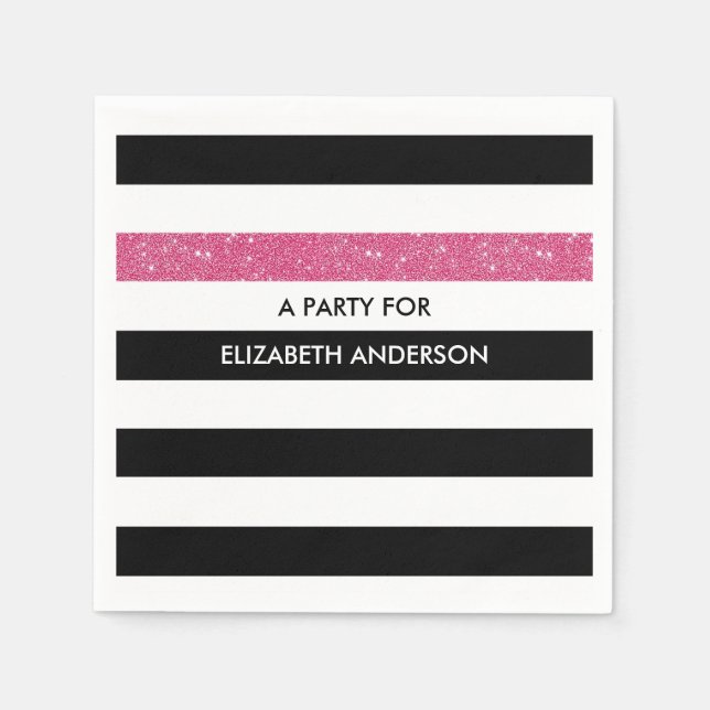 Modern Black Stripes FAUX Pink Glitz and Name Napkin (Front)