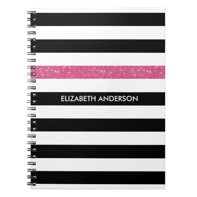 Modern Black Stripes FAUX Pink Glitz and Name Notebook (Front)