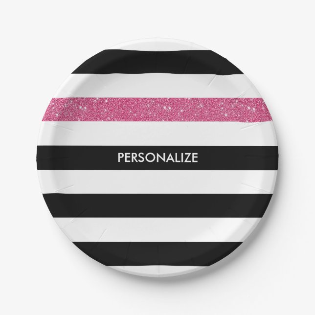 Modern Black Stripes FAUX Pink Glitz and Name Paper Plate (Front)