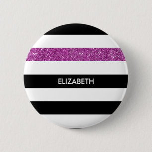 Modern Black Stripes FAUX Purple Glitz and Name 6 Cm Round Badge