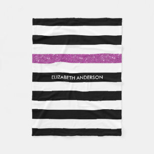 Modern Black Stripes FAUX Purple Glitz and Name Fleece Blanket