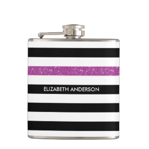 Modern Black Stripes FAUX Purple Glitz and Name Hip Flask