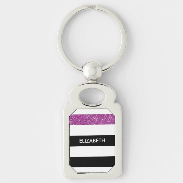 Modern Black Stripes FAUX Purple Glitz and Name Key Ring (Front)