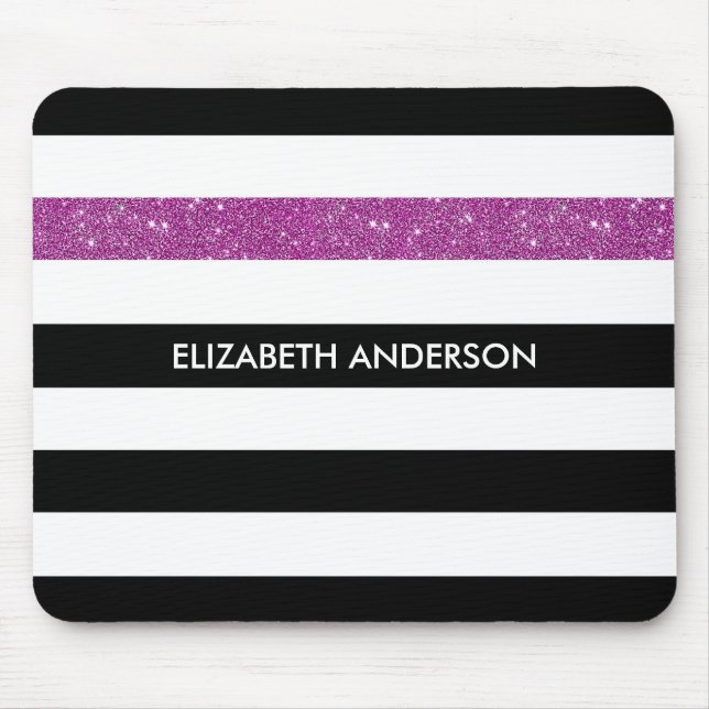 Modern Black Stripes FAUX Purple Glitz and Name Mouse Pad (Front)