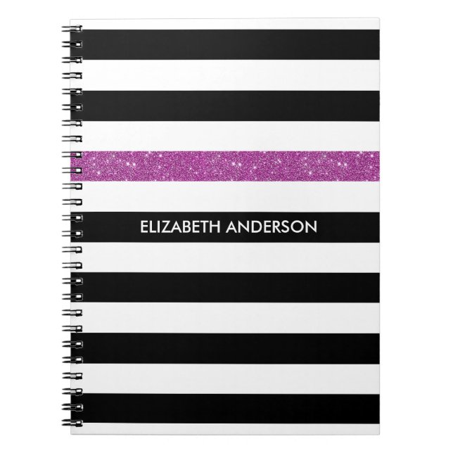 Modern Black Stripes FAUX Purple Glitz and Name Notebook (Front)