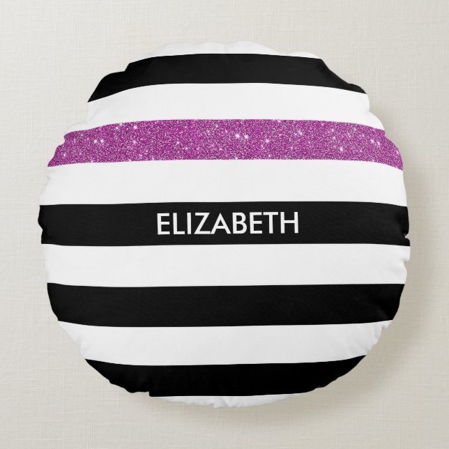Modern Black Stripes FAUX Purple Glitz and Name Round Cushion (Front)