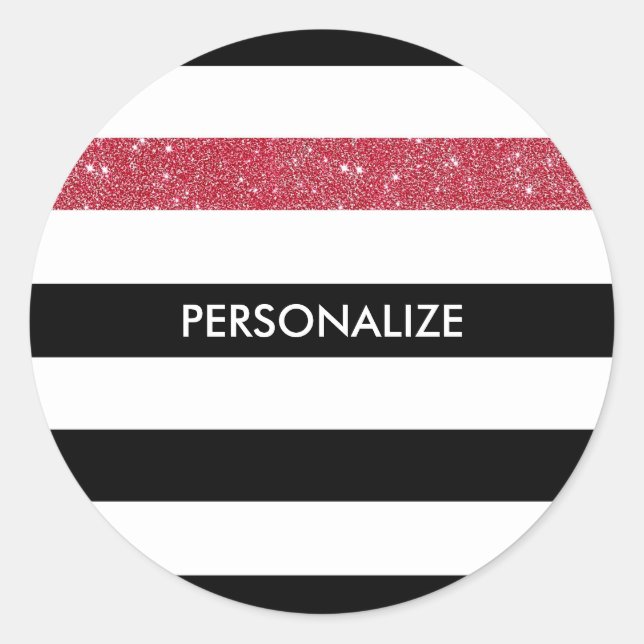 Modern Black Stripes FAUX Red Glitz and Name Classic Round Sticker (Front)