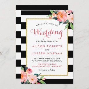 Modern Black Stripes Floral Wedding Celebration Invitation