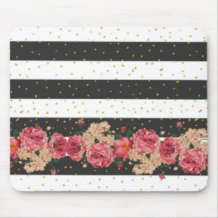 Modern black stripes gold faux glitter floral mouse pad
